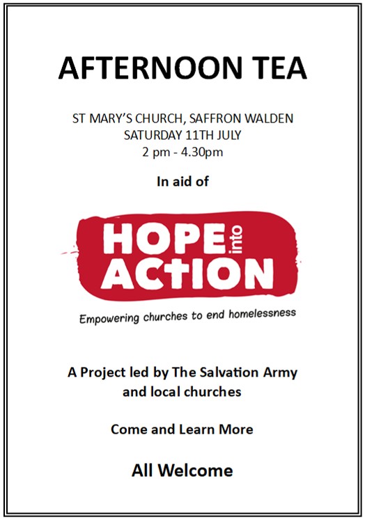 Afternoon Tea at St Mary's on 11 July 2pm - 4.40pm in aid of Hope into Action